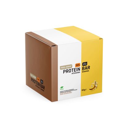 Feel Good Banana box of 12 protein bars, naturally sweet, vegan, gluten free, crafted in Greece