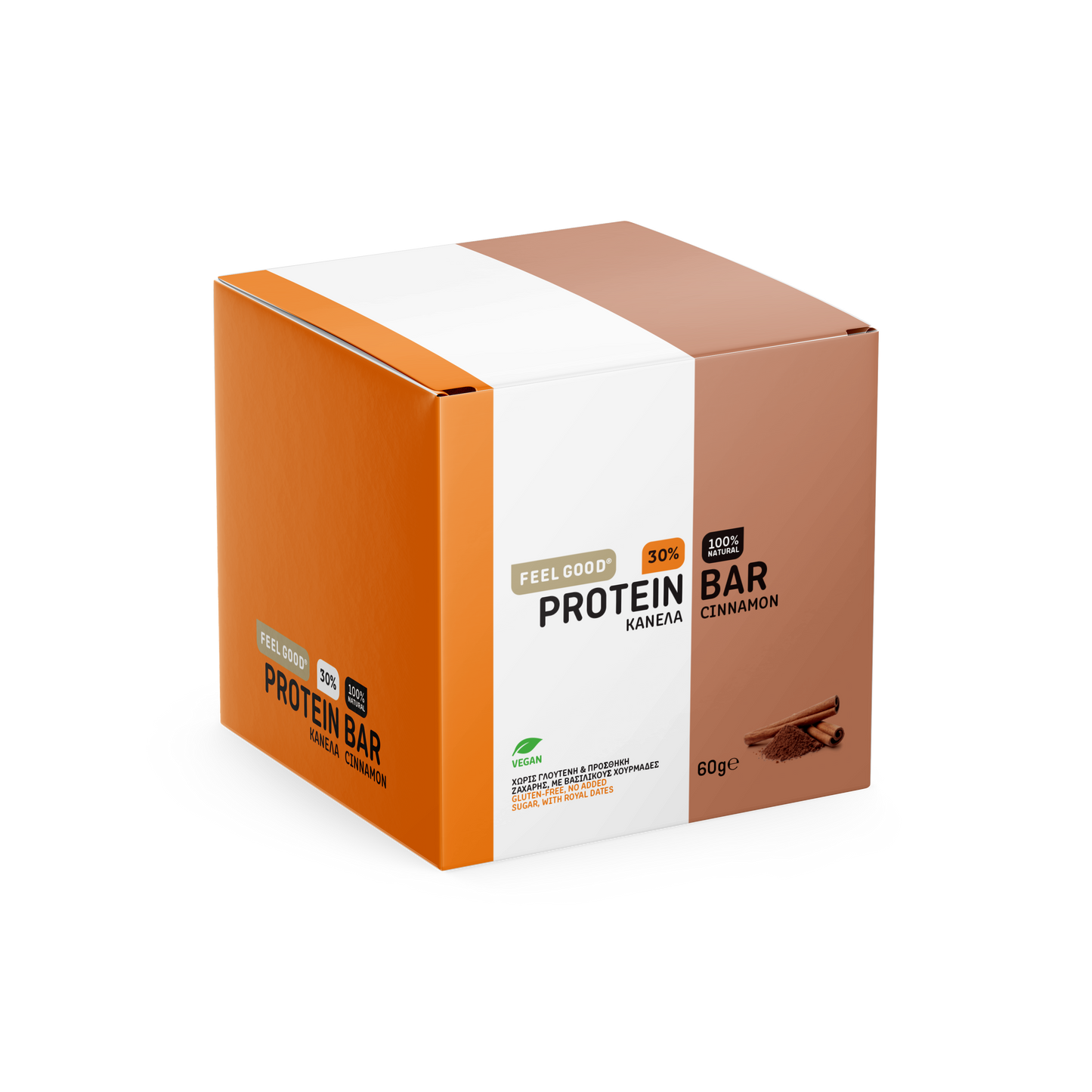 Feel Good Cinnamon box of 12 protein bars, no added sugar, vegan, gluten free, crafted in Greece