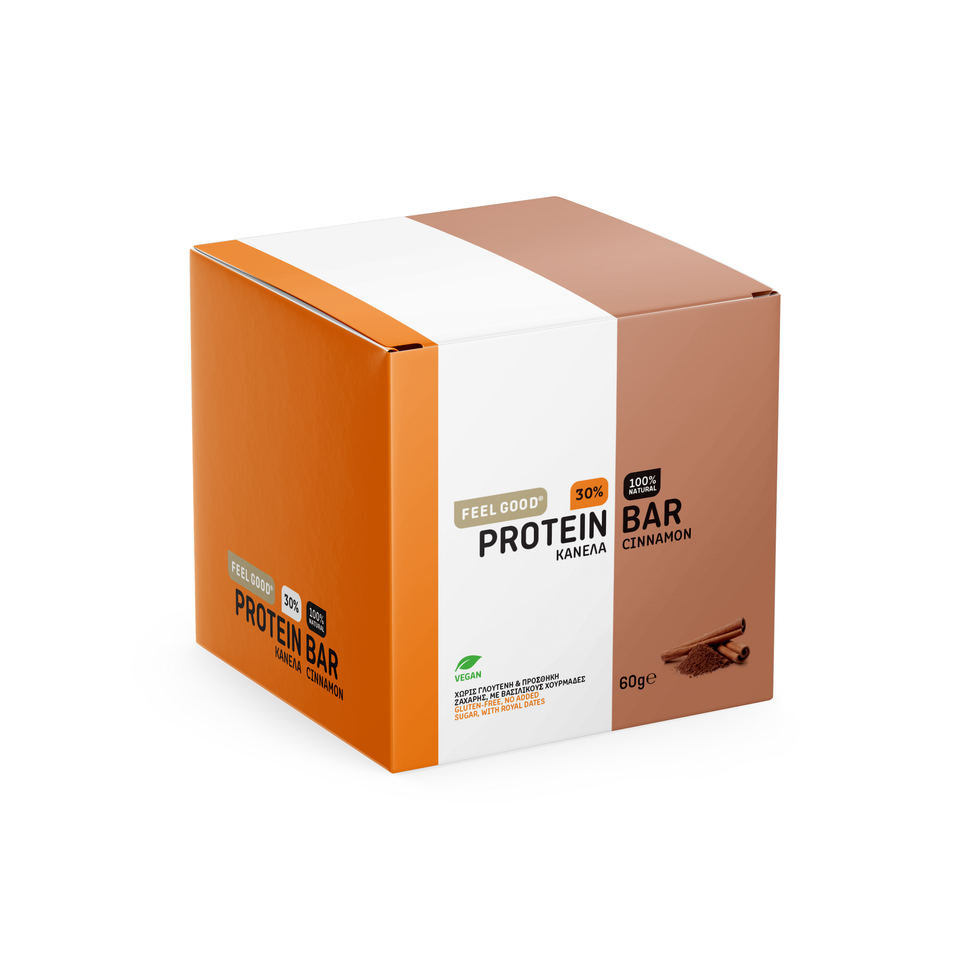 Feel Good Cinnamon box of 12 protein bars, no added sugar, vegan, gluten free, crafted in Greece
