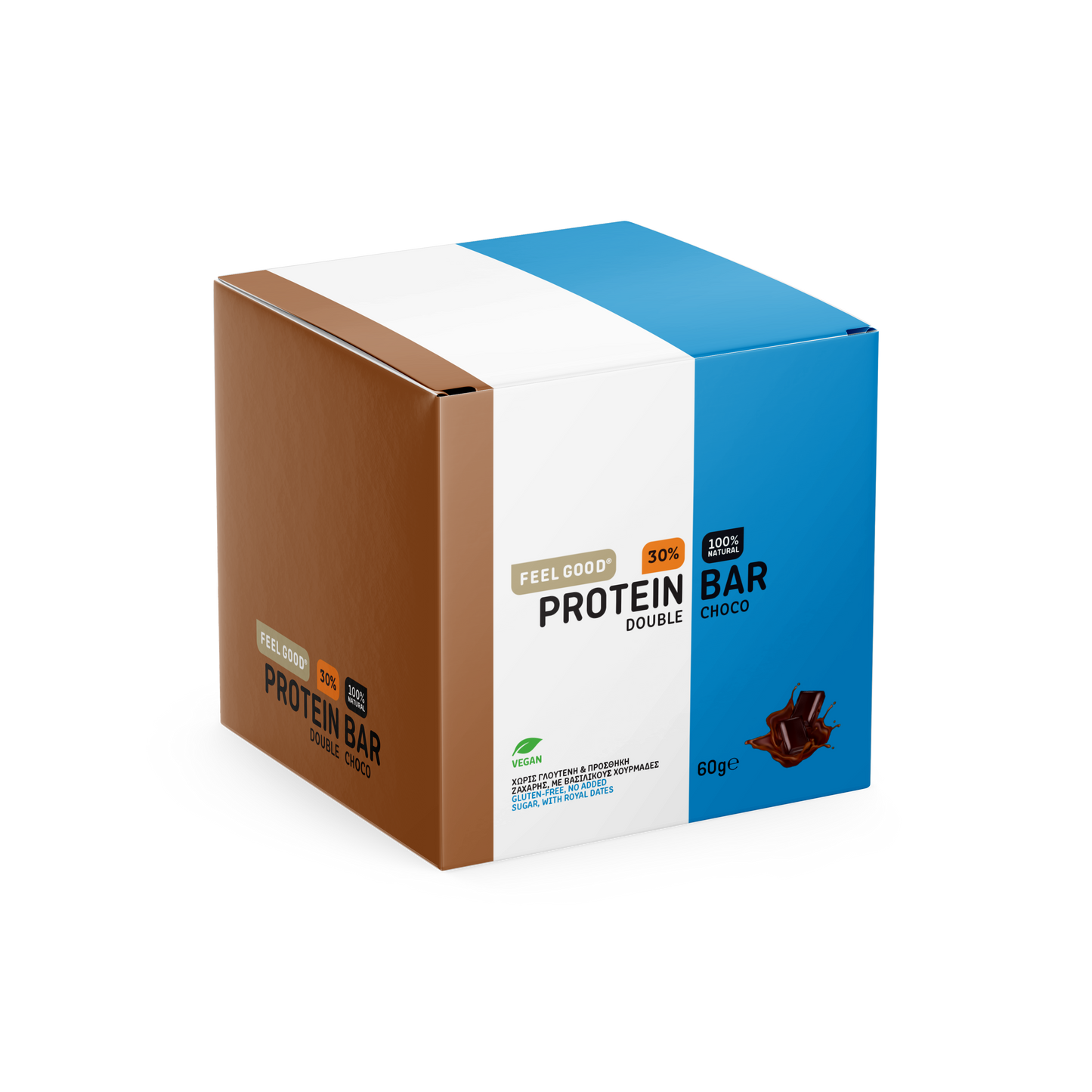 Feel Good Double Choco box of 12 protein bars, sugar-free dark chocolate, crafted in Greece