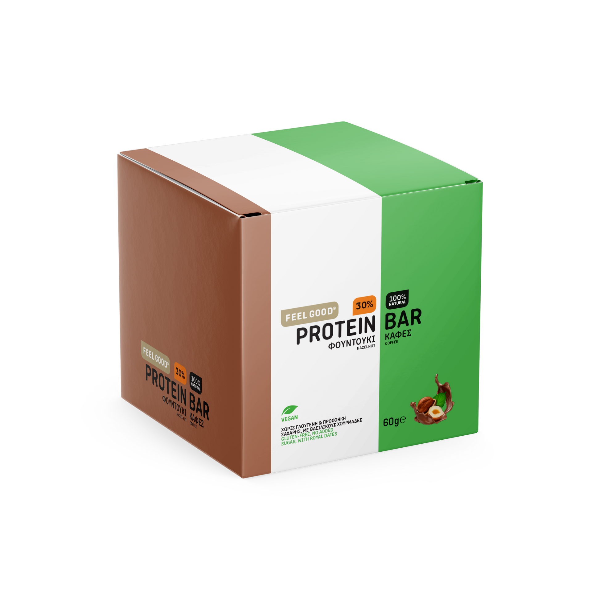 Feel Good Coffee Hazelnut box of 12 protein bars, vegan, gluten free, crafted in Greece