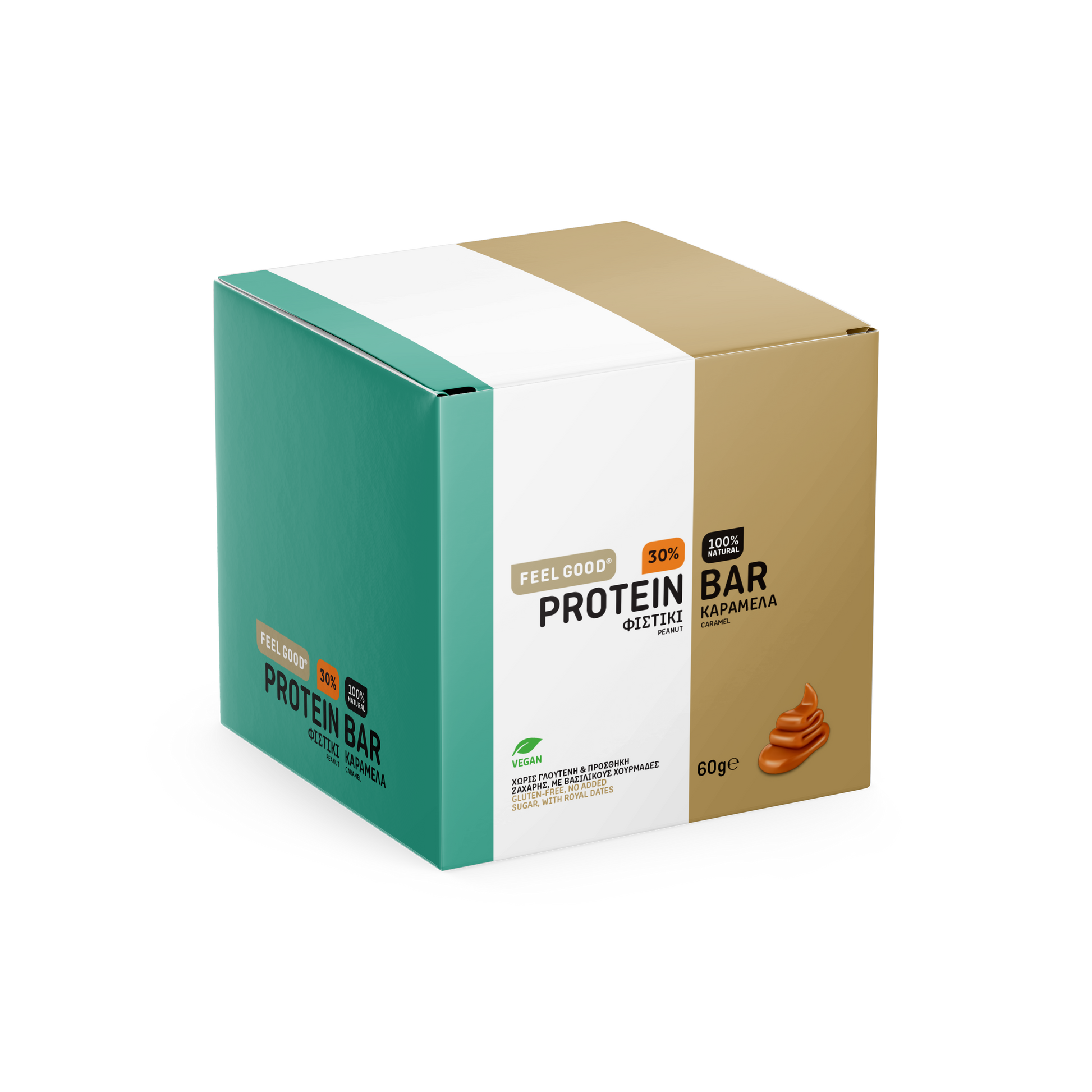 Feel Good Peanut Caramel box of 12 protein bars, vegan, no added sugar, crafted in Greece