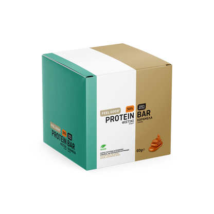 Feel Good Peanut Caramel box of 12 protein bars, vegan, no added sugar, crafted in Greece
