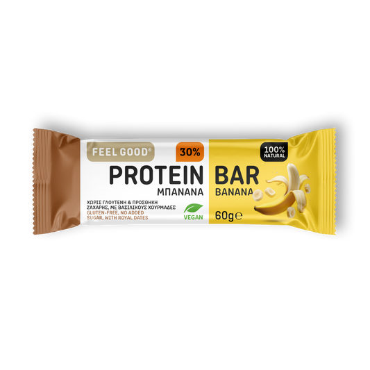 Feel Good Banana protein bar 60g, 7.5% real dried banana, 30% plant-based protein, 10g fiber, vegan