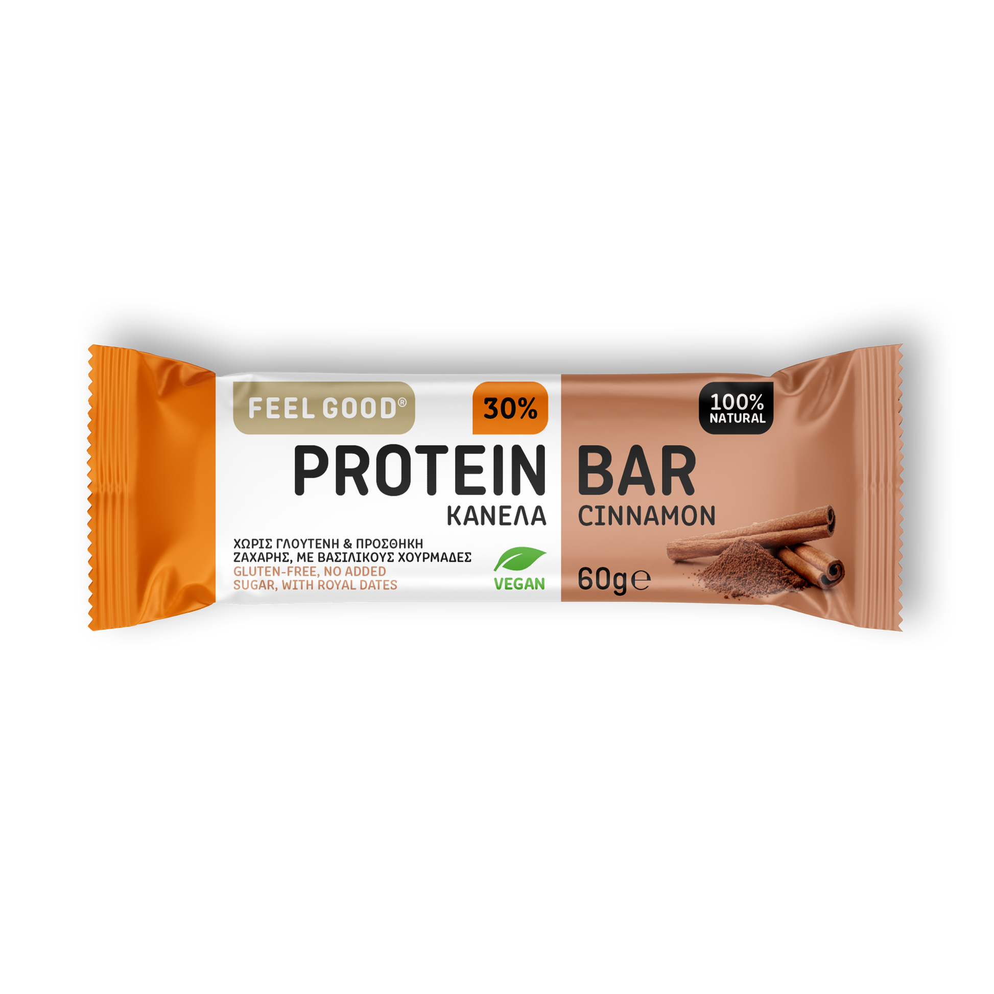 Feel Good Cinnamon protein bar 60g, 3% real cinnamon, 18g plant-based protein, 10g fiber