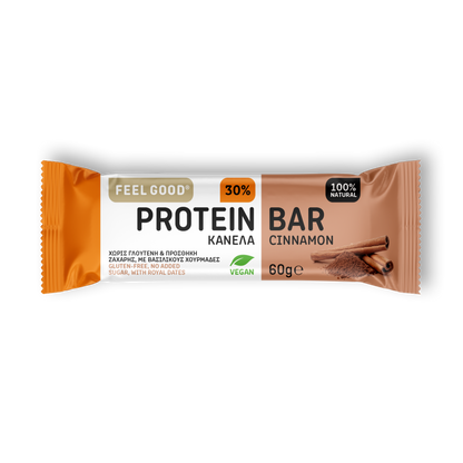 Feel Good Cinnamon protein bar 60g, 3% real cinnamon, 18g plant-based protein, 10g fiber
