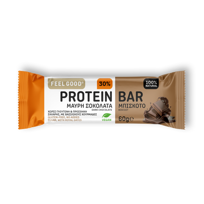 Feel Good Dark Chocolate Biscuit protein bar 60g, crunchy biscuit, 18g plant protein, vegan