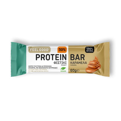 Feel Good Peanut Caramel protein bar 60g, 30% plant-based protein, vegan, gluten free, crafted in Greece